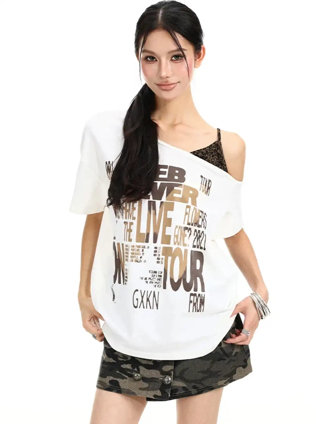 BIGGOLD | Leopard Print Cami One Shoulder Fake Two-Piece Short Sleeve T-Shirt