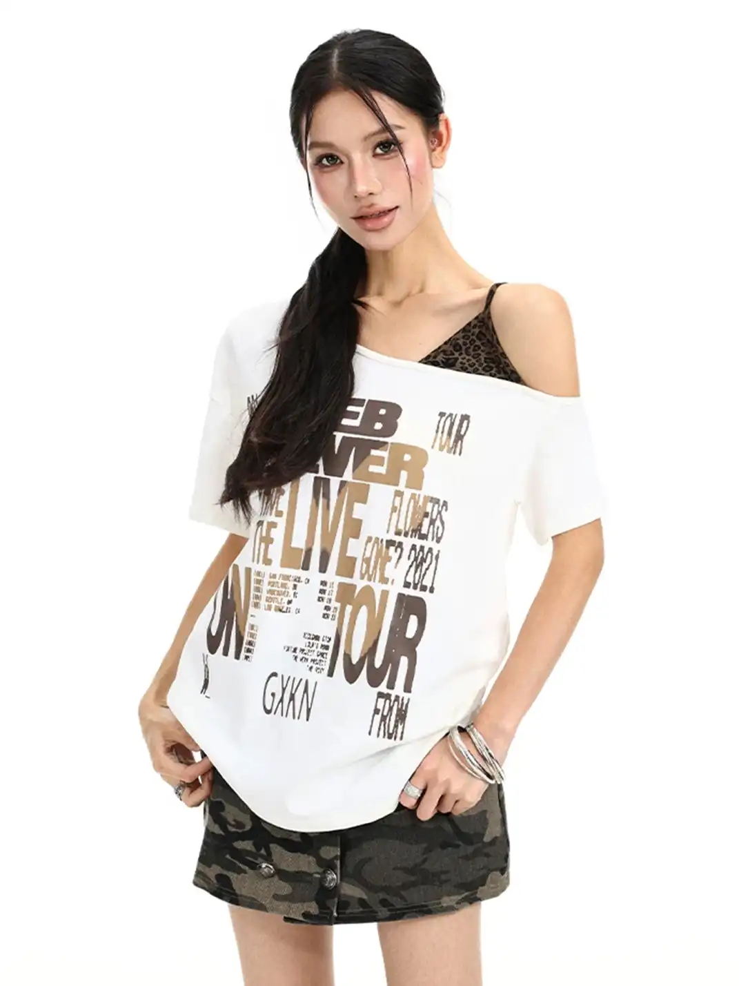 BIGGOLD | Leopard Print Cami One Shoulder Fake Two-Piece Short Sleeve T-Shirt