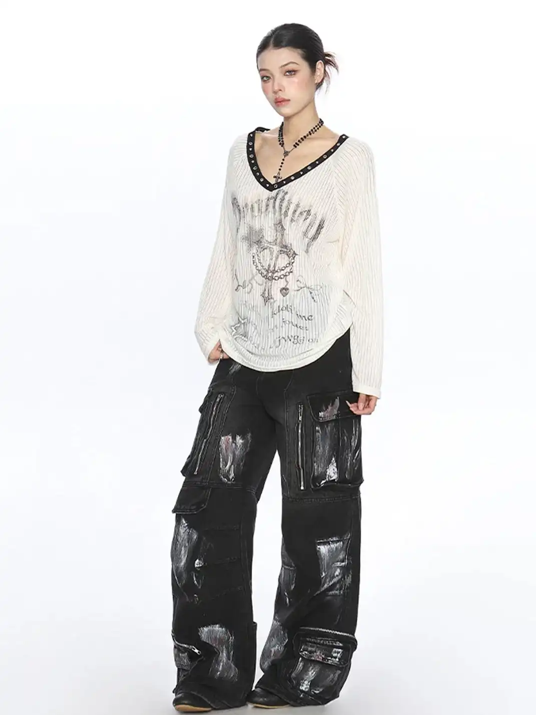 BIGGOLD | Cross Print V-Neck Long Sleeve T-Shirt