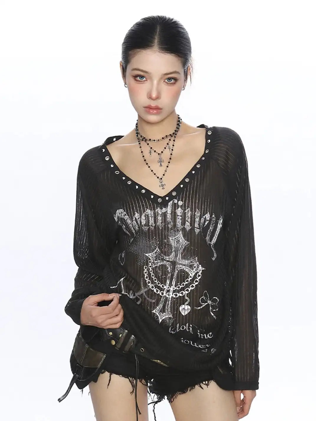 BIGGOLD | Cross Print V-Neck Long Sleeve T-Shirt