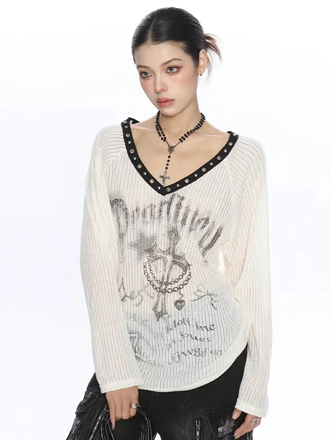 BIGGOLD | Cross Print V-Neck Long Sleeve T-Shirt