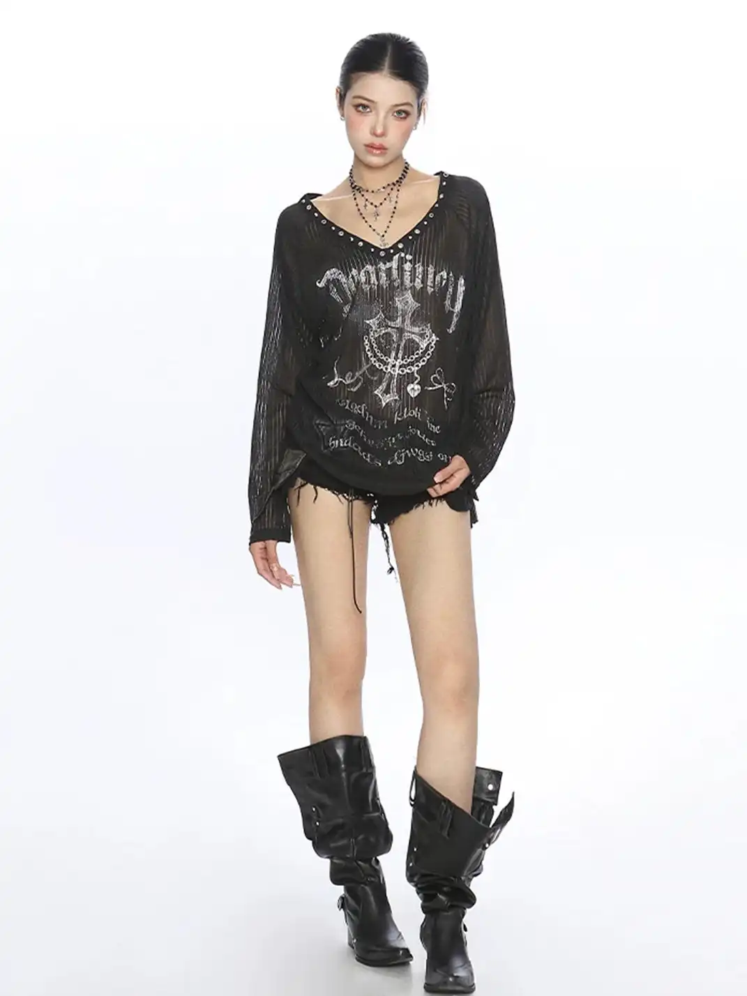 BIGGOLD | Cross Print V-Neck Long Sleeve T-Shirt