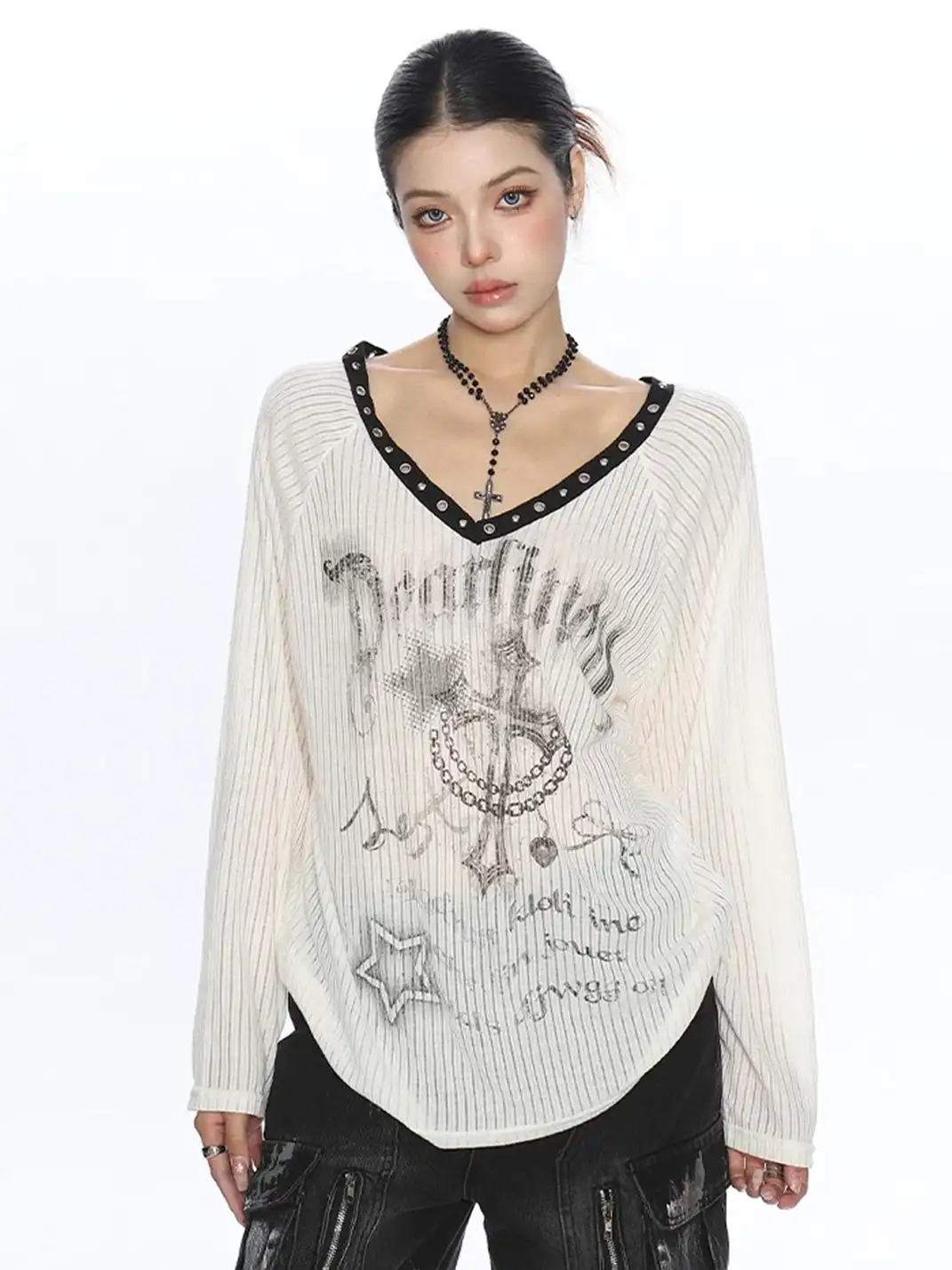 BIGGOLD | Cross Print V-Neck Long Sleeve T-Shirt
