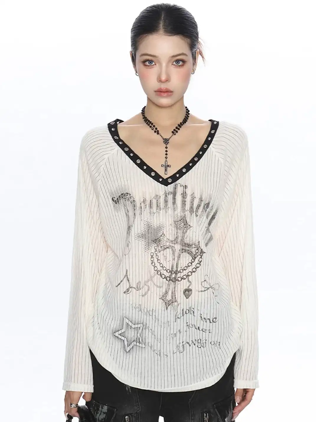 BIGGOLD | Cross Print V-Neck Long Sleeve T-Shirt