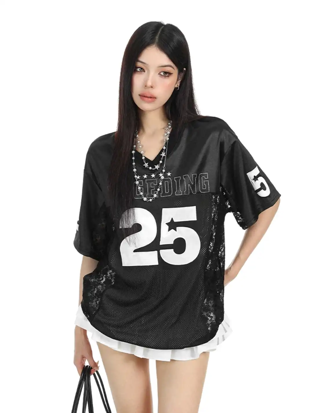 BIGGOLD | Embroidery Lace Spliced Satin V-Neck T-Shirt