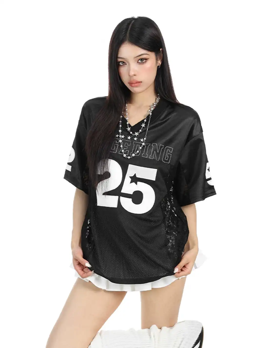 BIGGOLD | Embroidery Lace Spliced Satin V-Neck T-Shirt