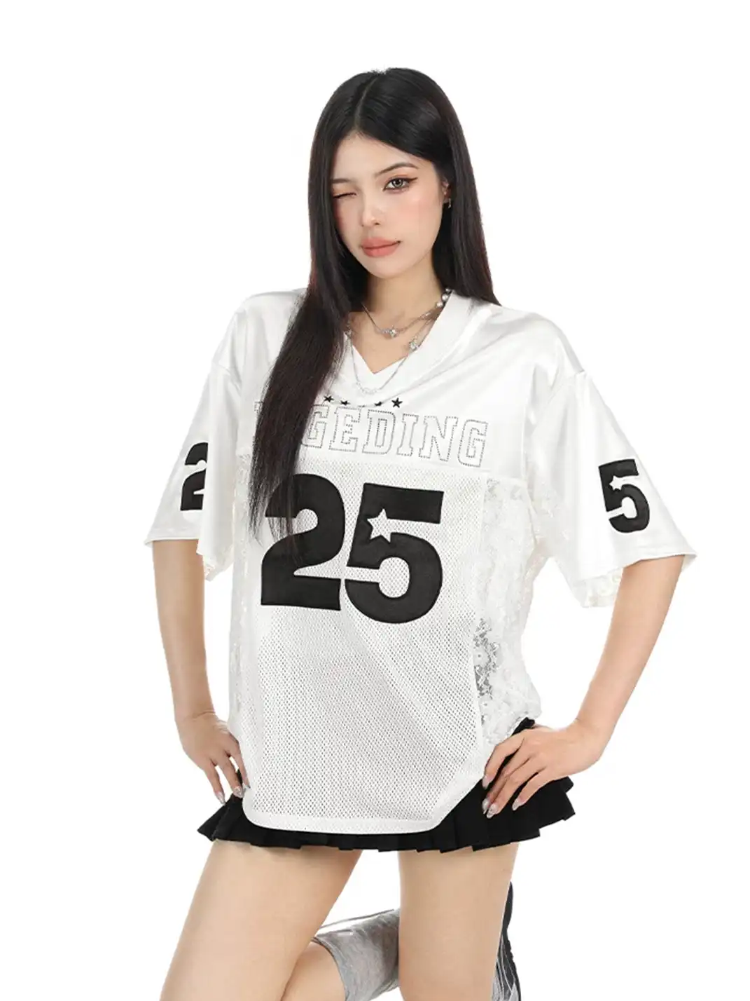 BIGGOLD | Embroidery Lace Spliced Satin V-Neck T-Shirt