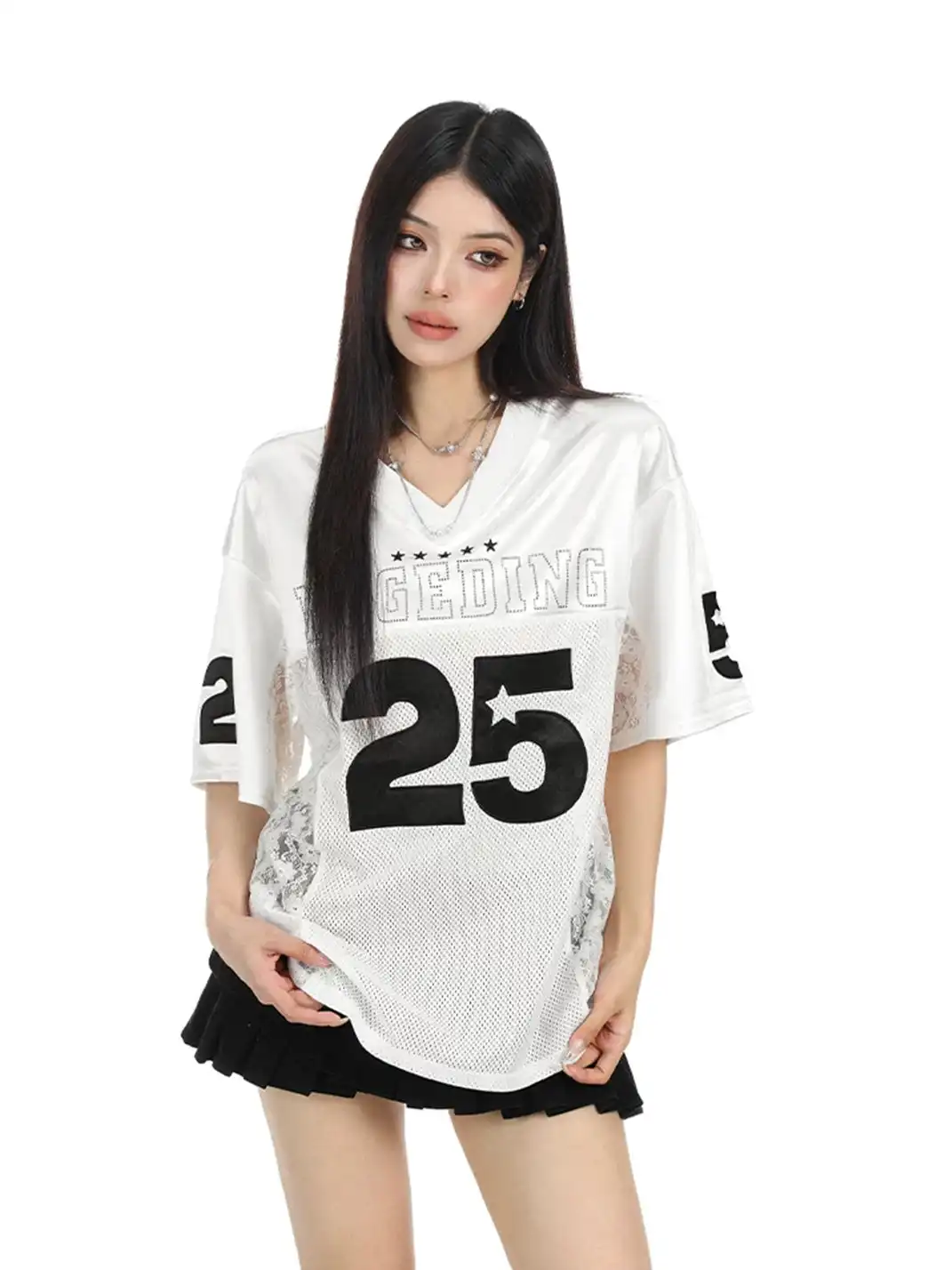 BIGGOLD | Embroidery Lace Spliced Satin V-Neck T-Shirt