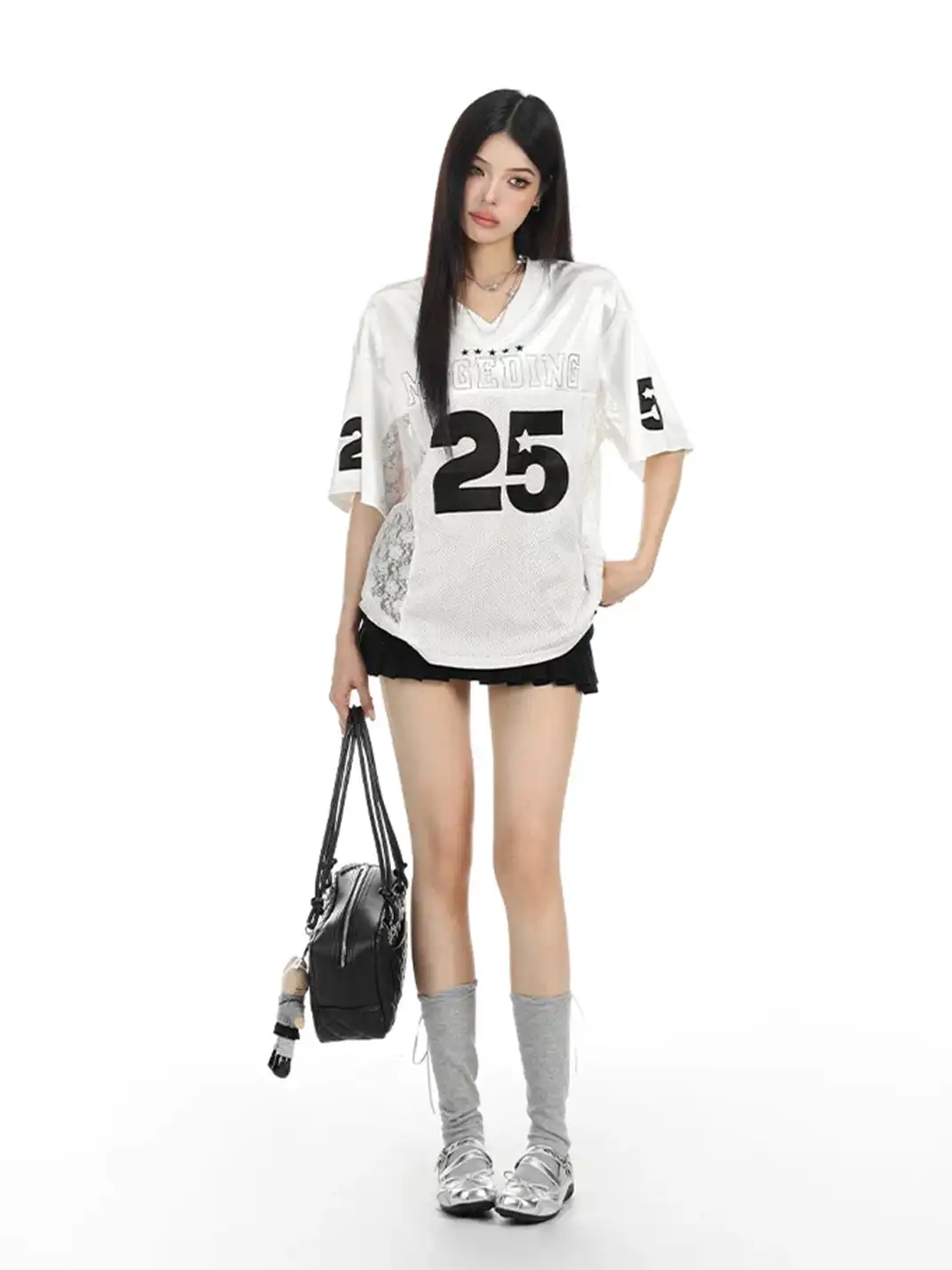 BIGGOLD | Embroidery Lace Spliced Satin V-Neck T-Shirt
