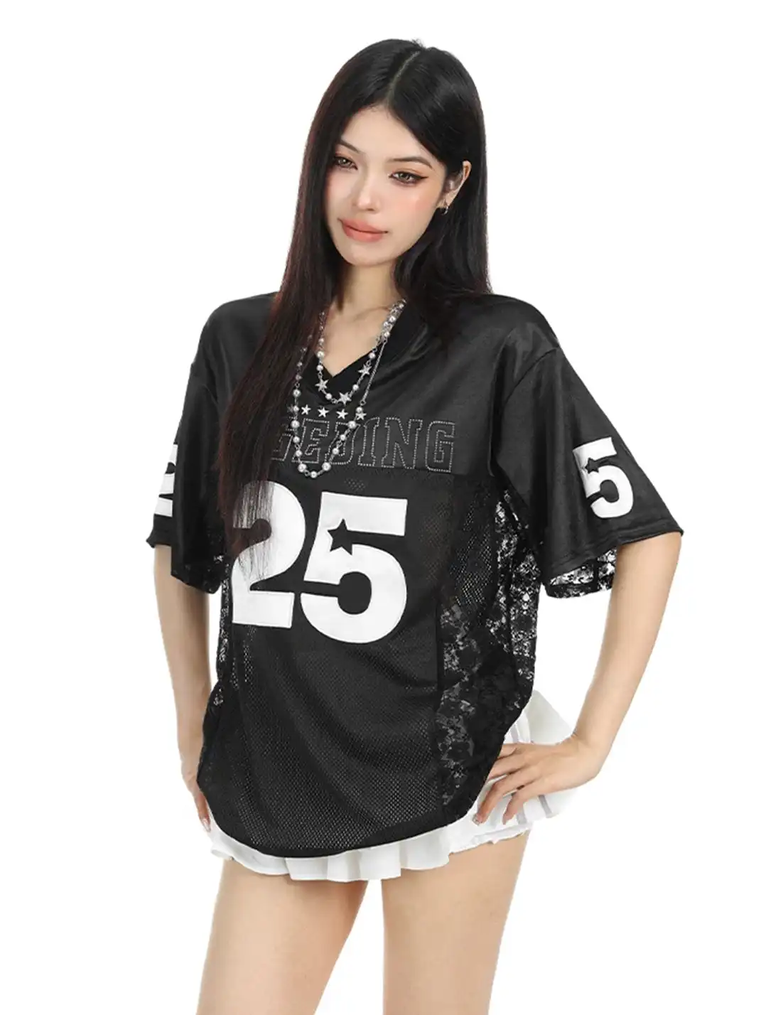 BIGGOLD | Embroidery Lace Spliced Satin V-Neck T-Shirt