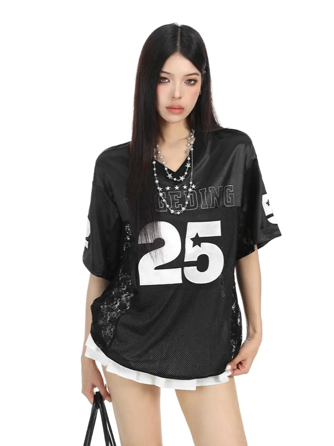 BIGGOLD | Embroidery Lace Spliced Satin V-Neck T-Shirt