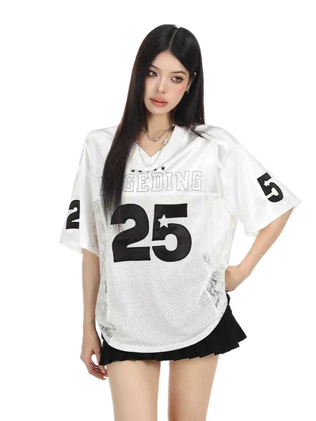 BIGGOLD | Embroidery Lace Spliced Satin V-Neck T-Shirt
