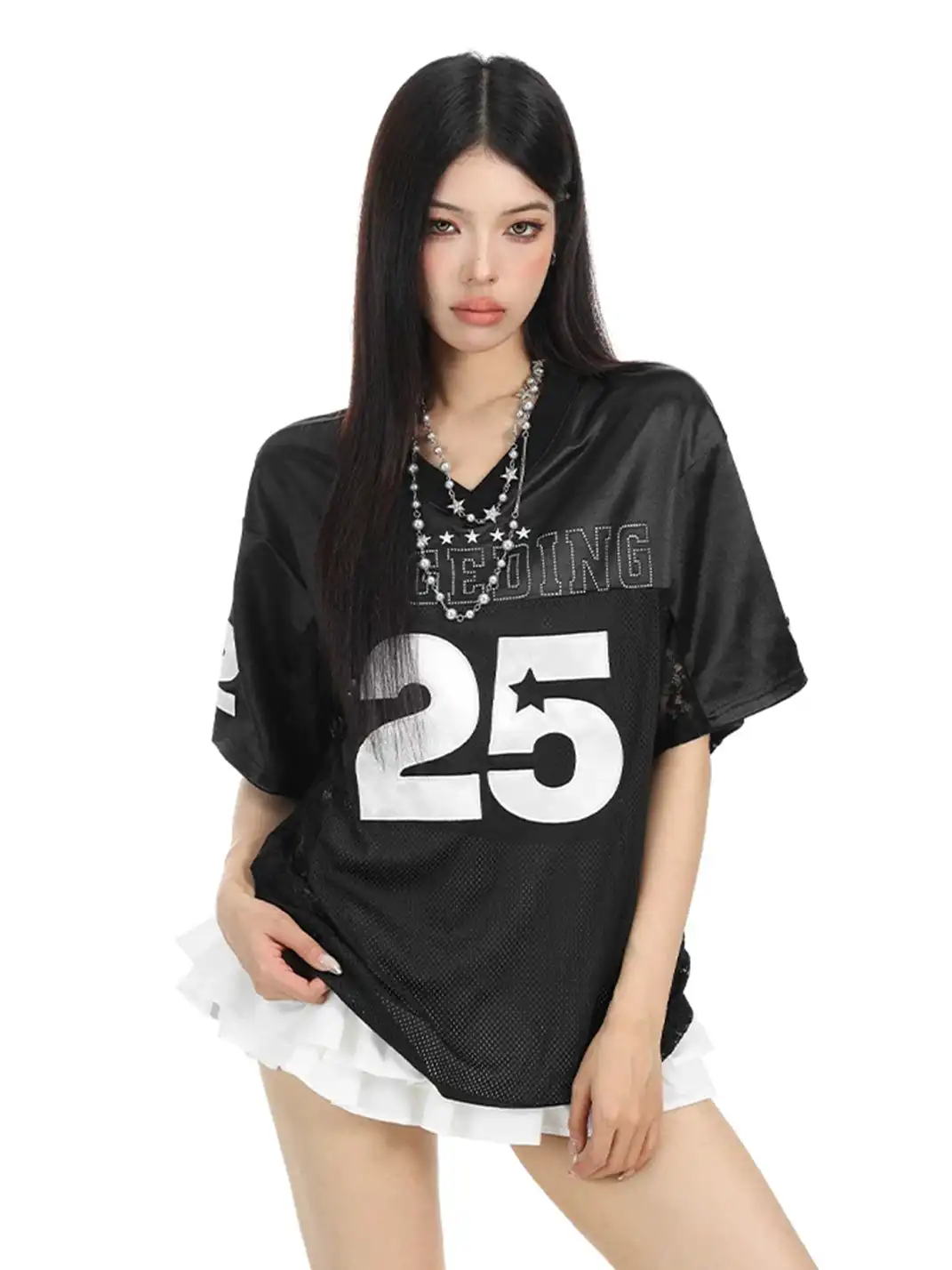 BIGGOLD | Embroidery Lace Spliced Satin V-Neck T-Shirt