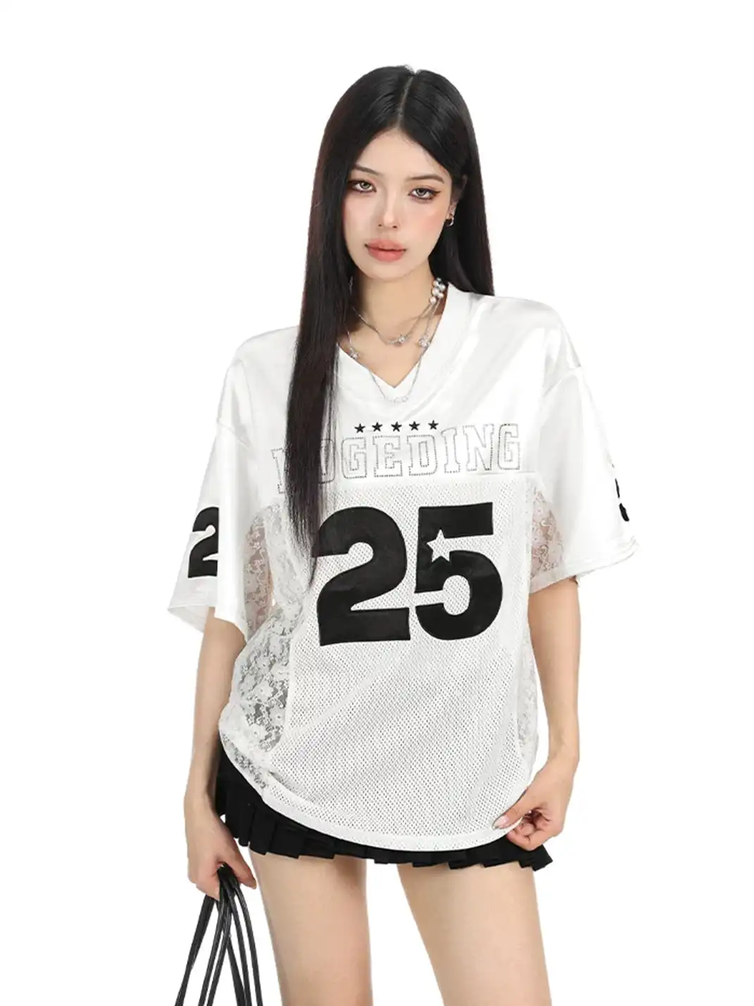 BIGGOLD | Embroidery Lace Spliced Satin V-Neck T-Shirt