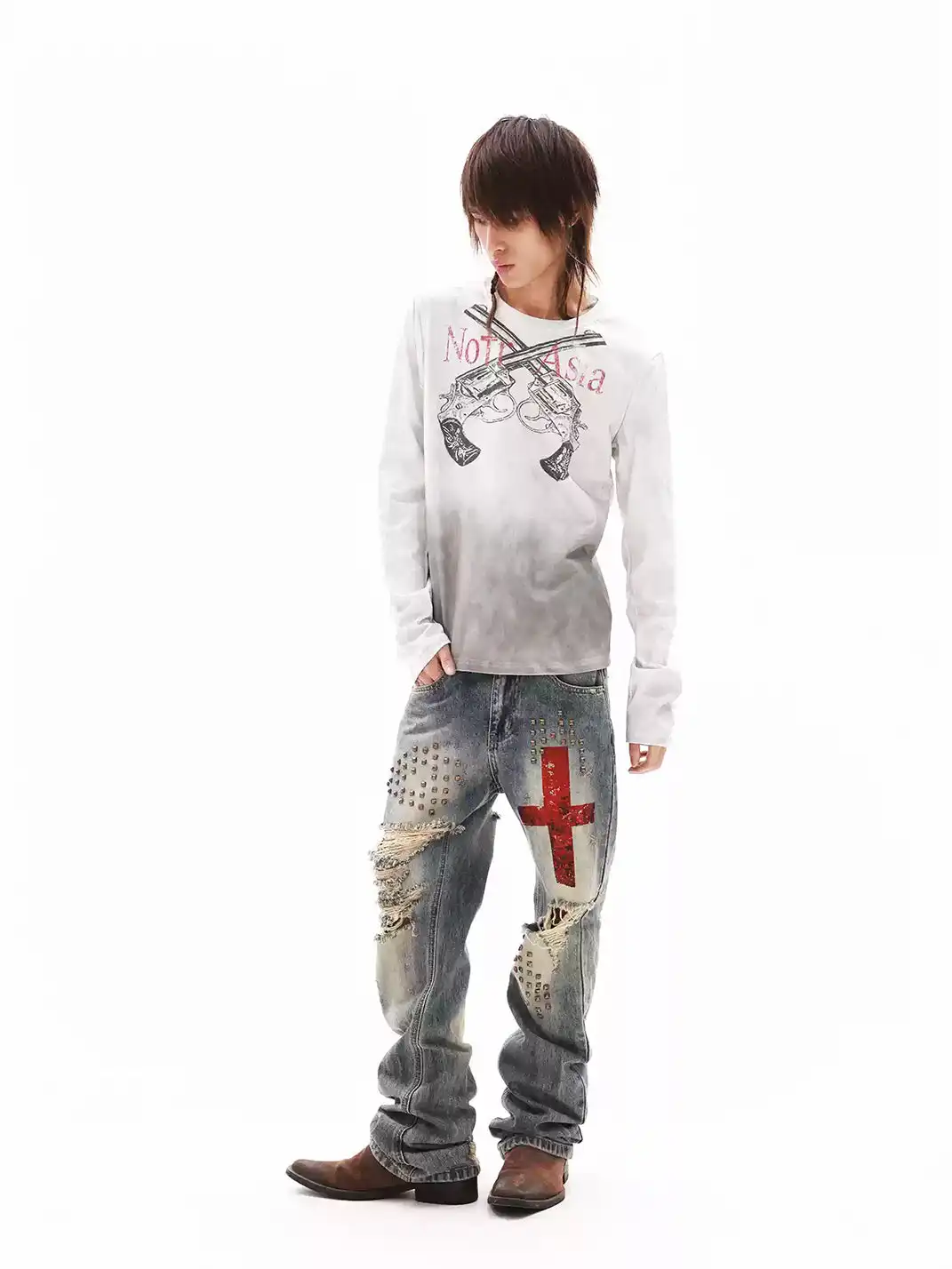 DETW | Washed Distressed Dirty Dye Dual Gun Slogan Long Sleeve T-Shirt