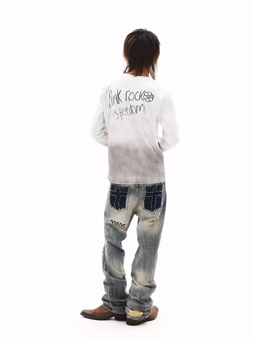 DETW | Washed Distressed Dirty Dye Dual Gun Slogan Long Sleeve T-Shirt
