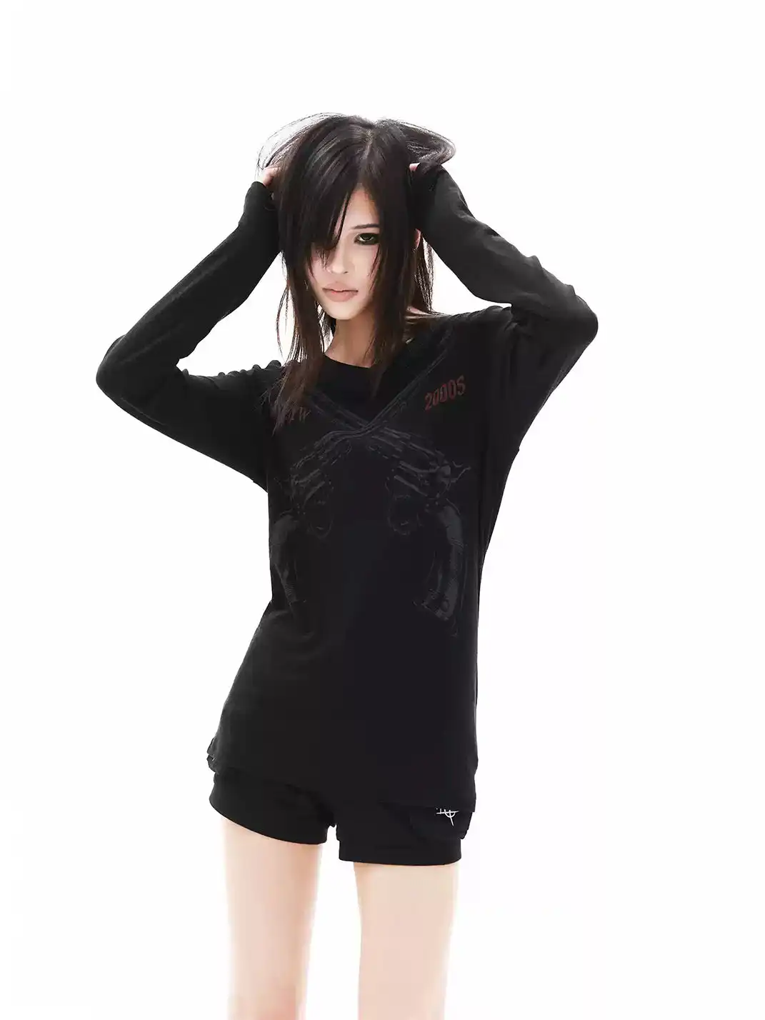 DETW | Dark Style Dual Gun 2000S Slogan V-Neck Long Sleeve T-Shirt