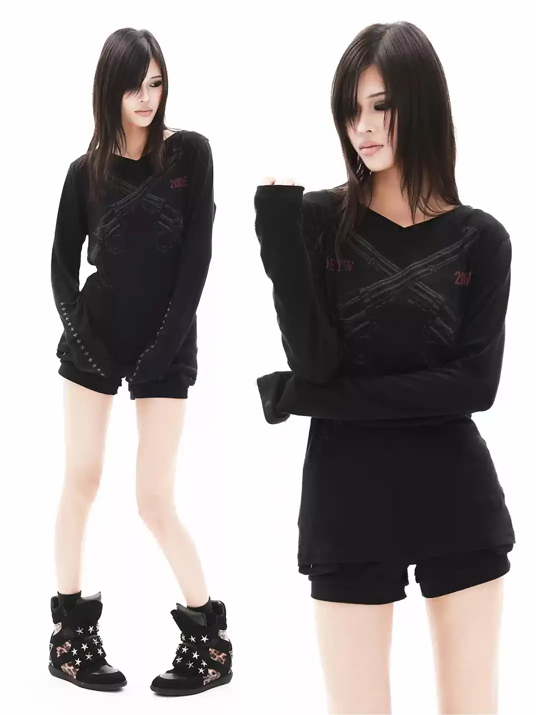 DETW | Dark Style Dual Gun 2000S Slogan V-Neck Long Sleeve T-Shirt