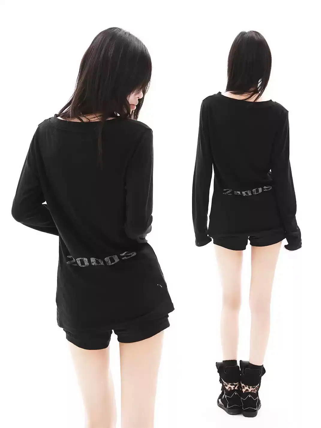 DETW | Dark Style Dual Gun 2000S Slogan V-Neck Long Sleeve T-Shirt