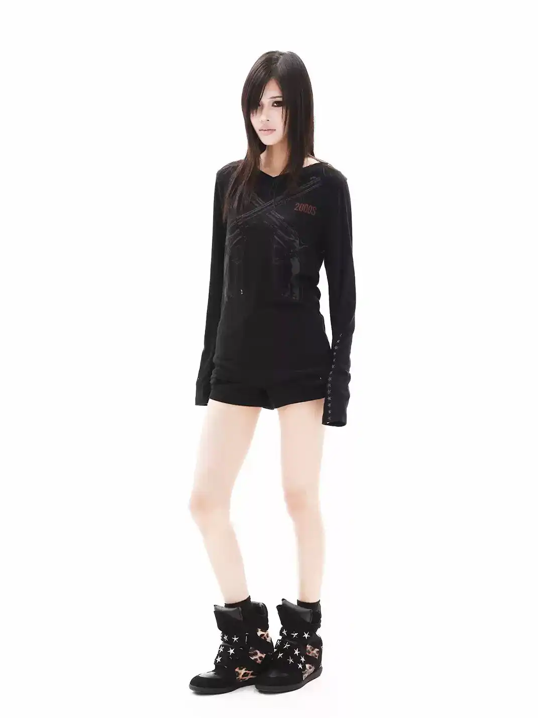 DETW | Dark Style Dual Gun 2000S Slogan V-Neck Long Sleeve T-Shirt