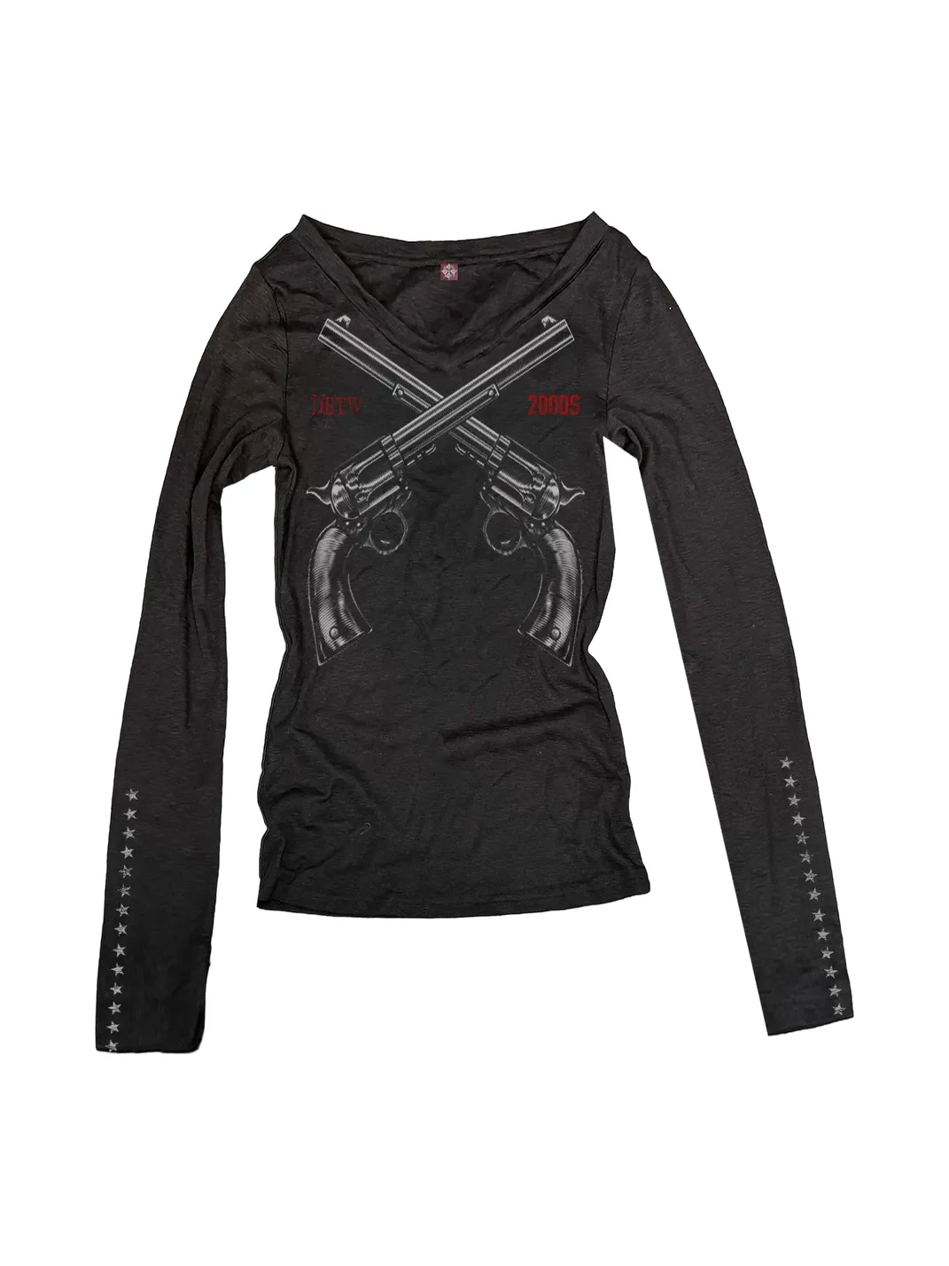 DETW | Dark Style Dual Gun 2000S Slogan V-Neck Long Sleeve T-Shirt