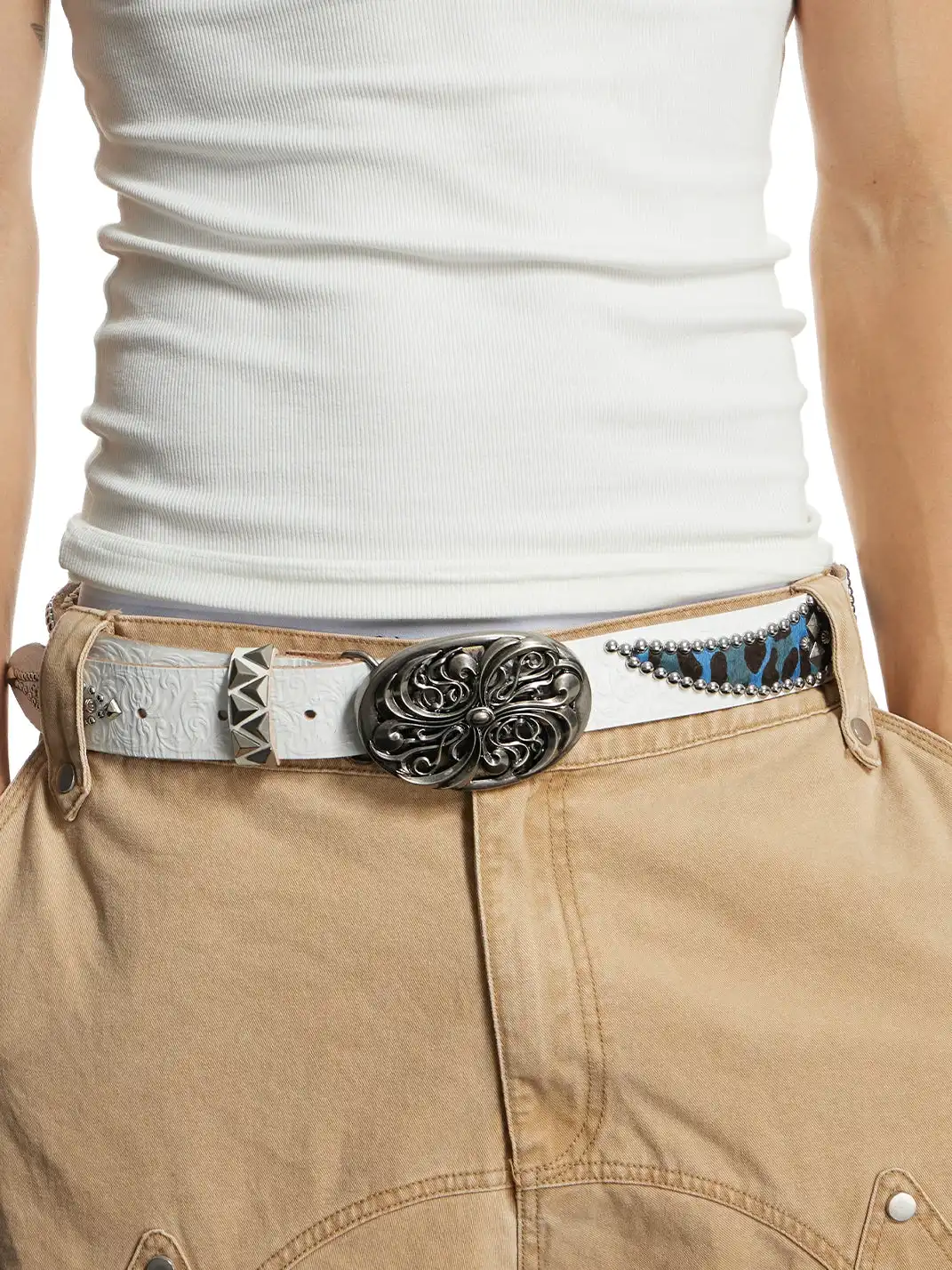 DND4DES | Honeysuckle Pattern Carved Rhinestone Color Block Spliced Belt