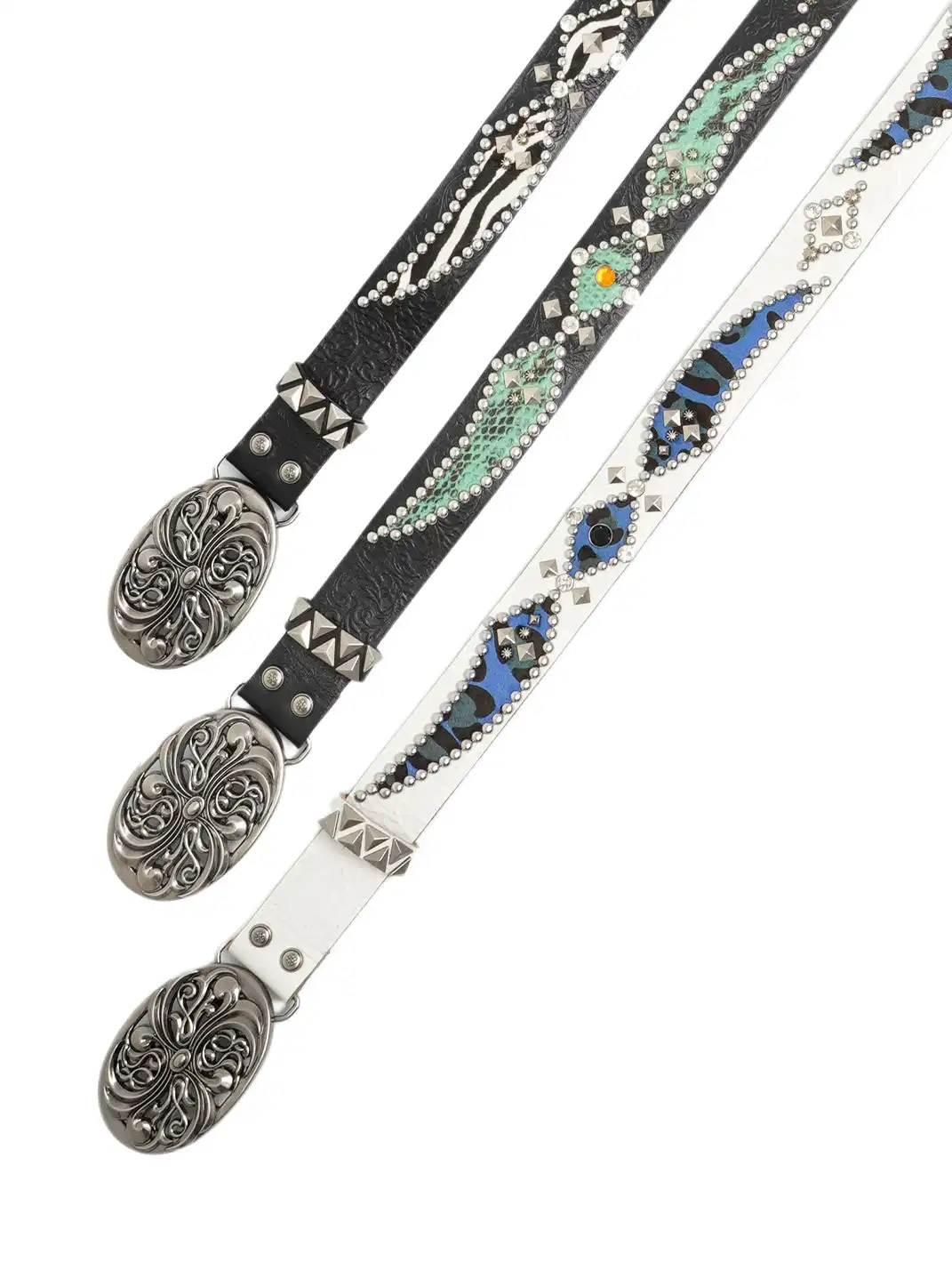 DND4DES | Honeysuckle Pattern Carved Rhinestone Color Block Spliced Belt