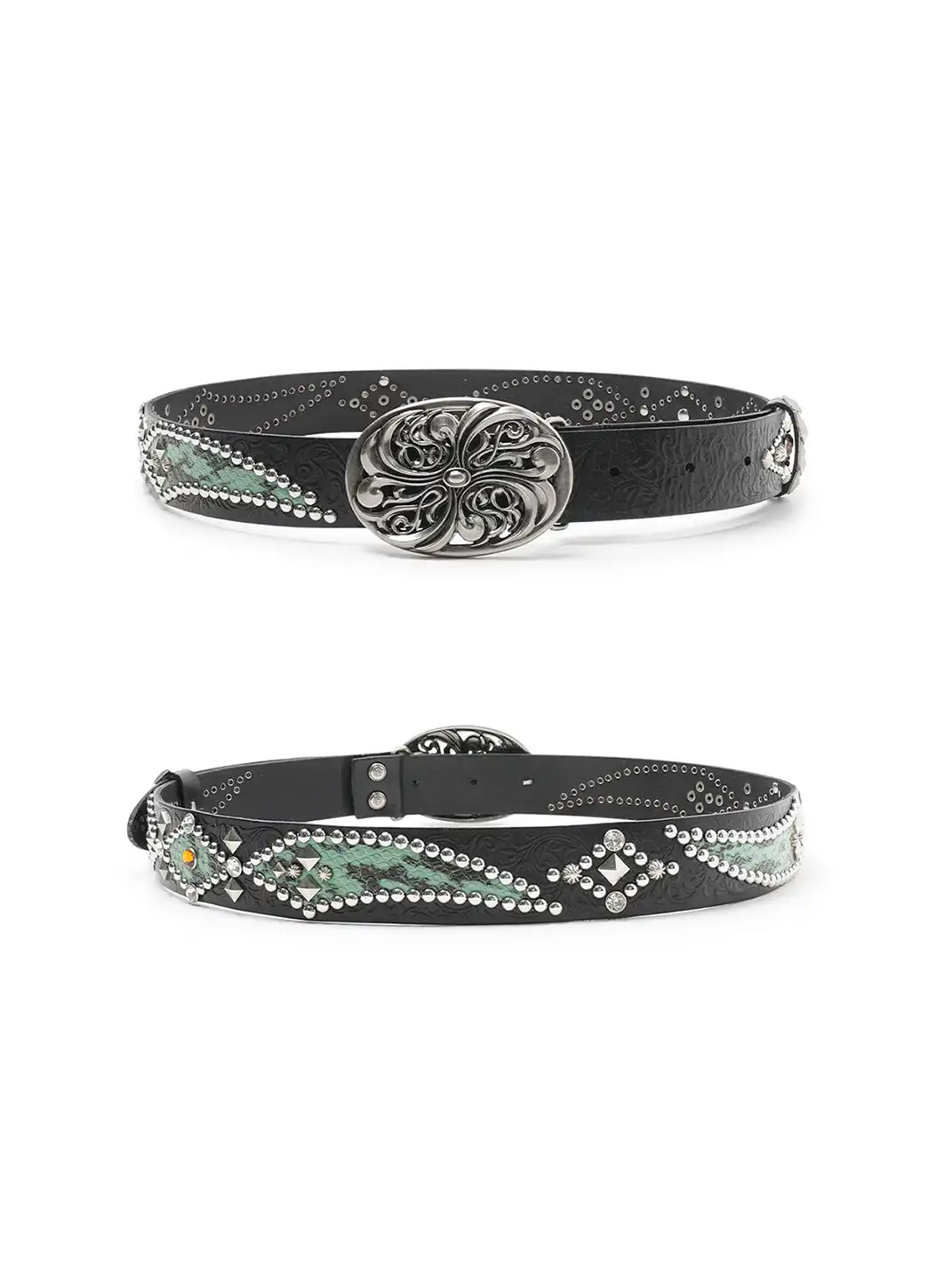 DND4DES | Honeysuckle Pattern Carved Rhinestone Color Block Spliced Belt