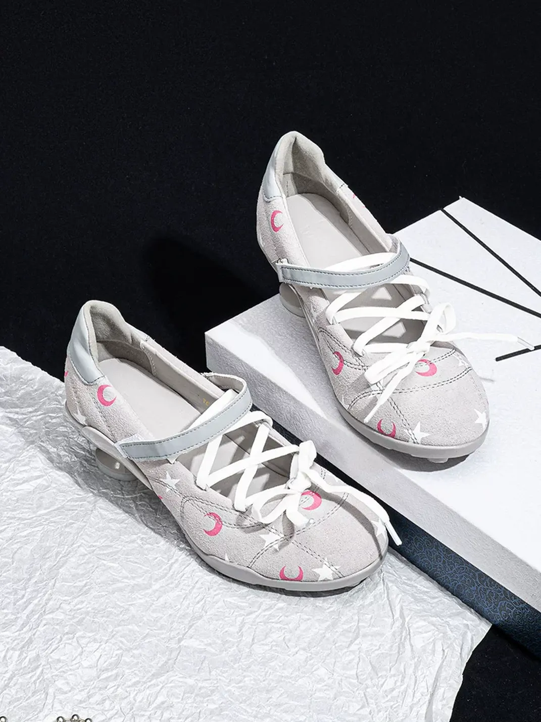 SISTER CURIE | Moon And Star Print Round Toe Mary Janes