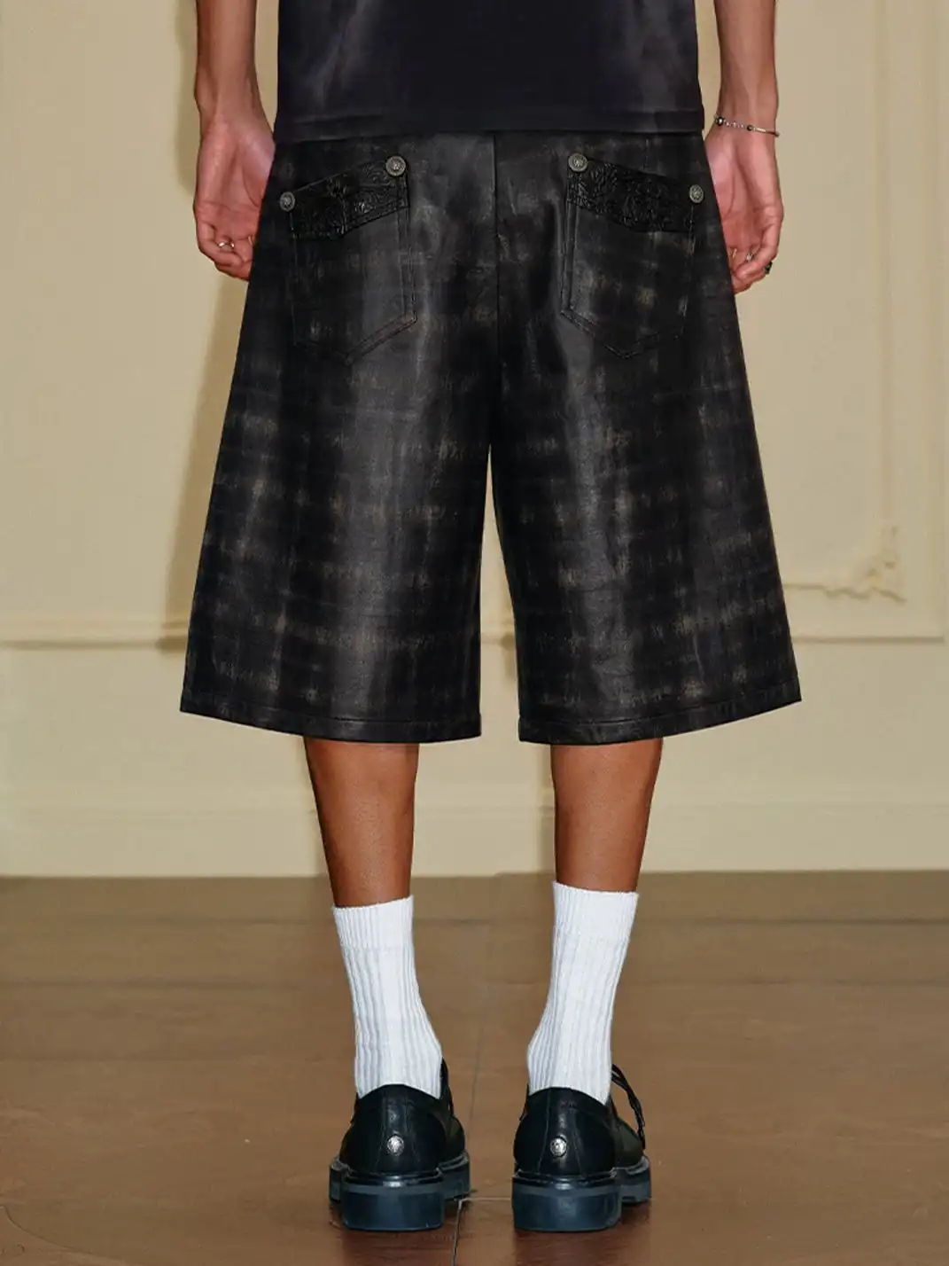 YADcrew | Waxed Spliced Leather Plaid Cropped Pants