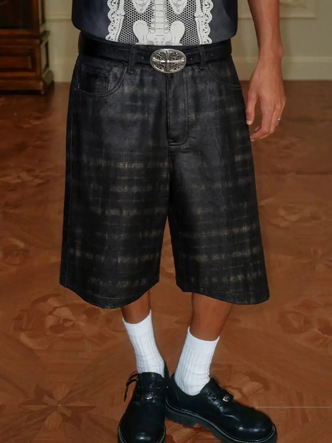 YADcrew | Waxed Spliced Leather Plaid Cropped Pants