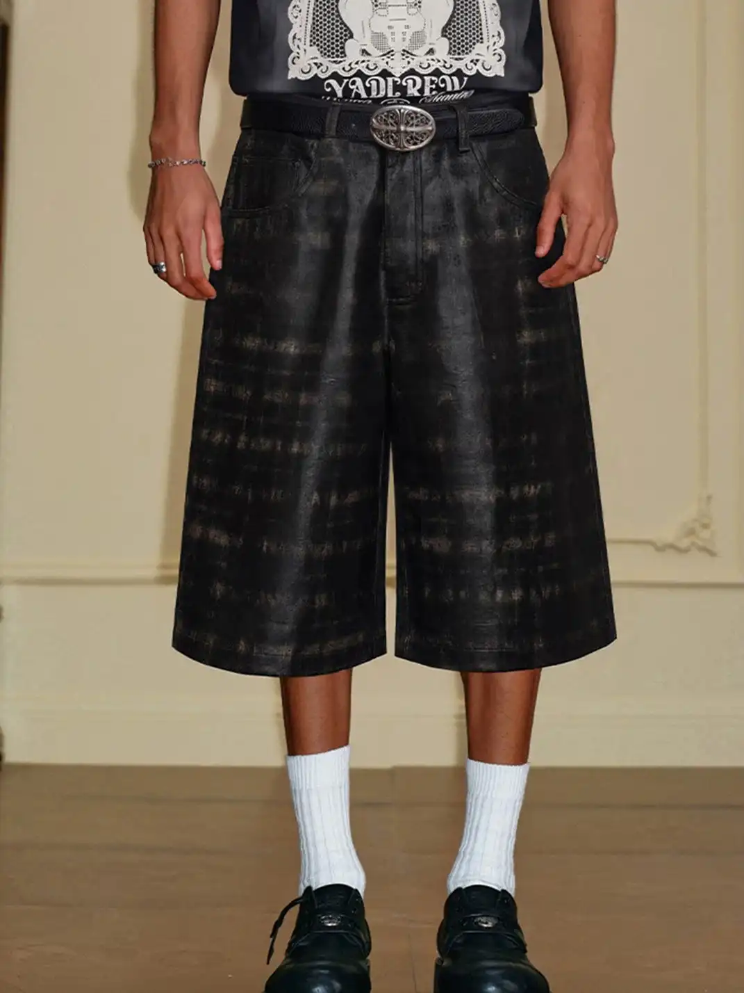 YADcrew | Waxed Spliced Leather Plaid Cropped Pants