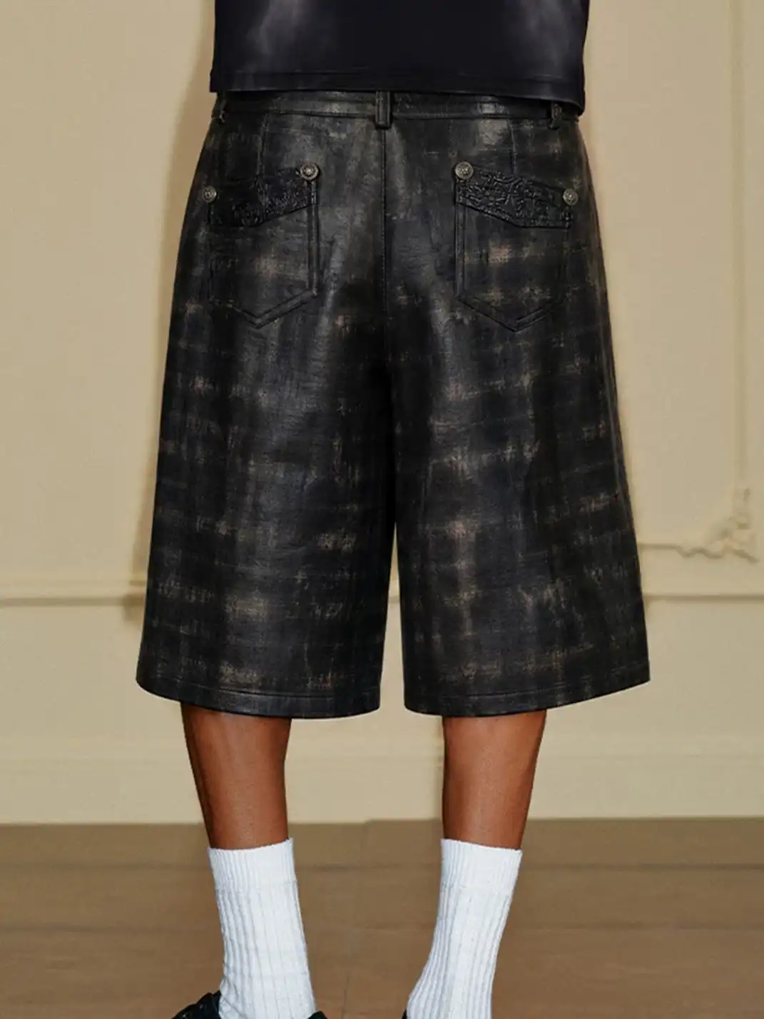 YADcrew | Waxed Spliced Leather Plaid Cropped Pants