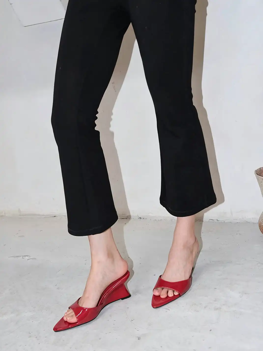 Mooreyu | Pointed One-Strap Open Toe Wedge Heels
