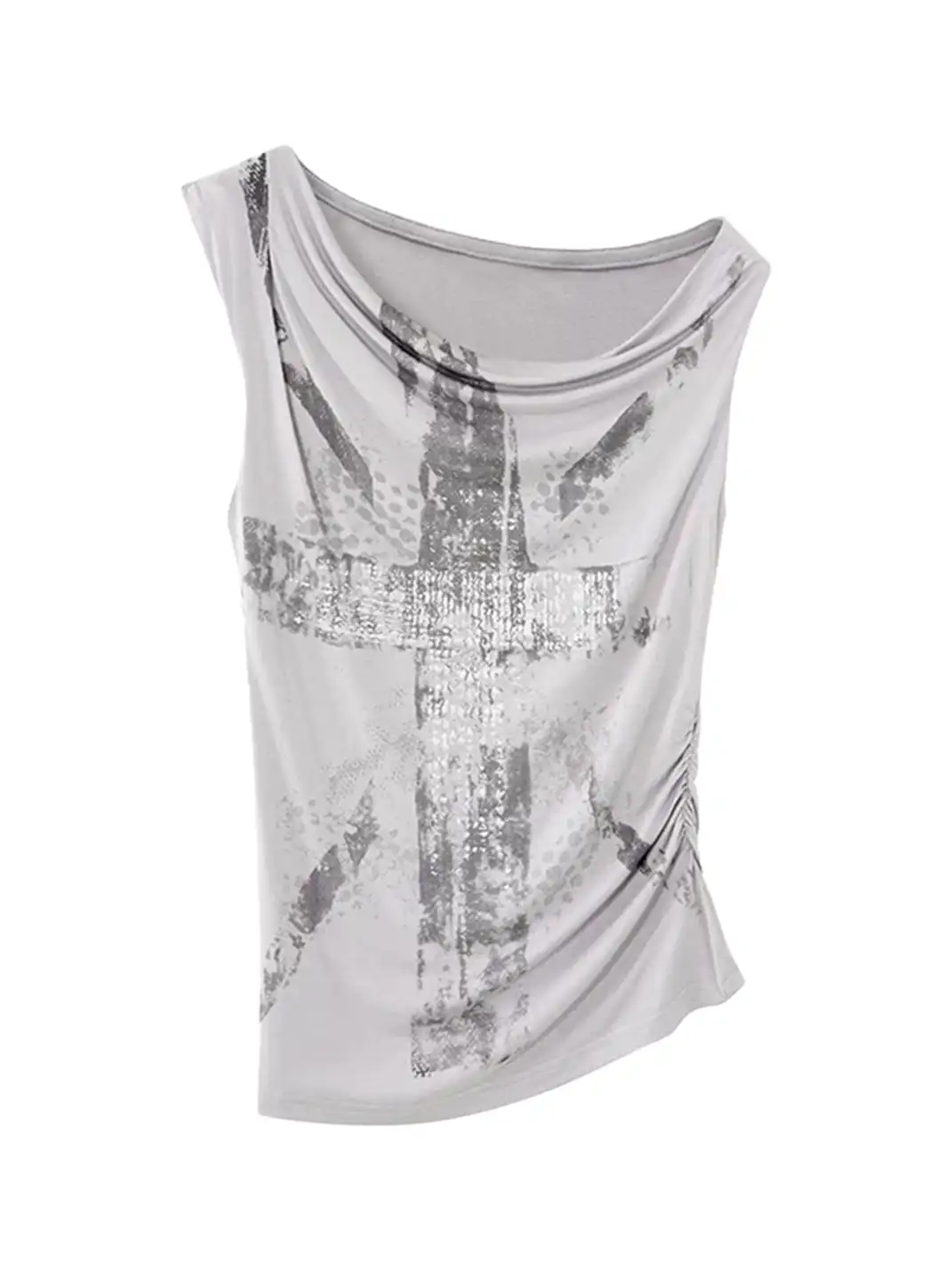 Imdelusion | Asymmetric One-Shoulder Union Jack Silver Foil Print Tank Top
