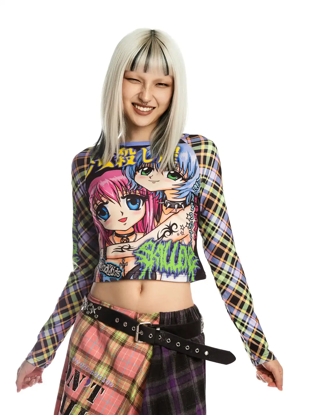 DeadEndKids | Y2K Anime Girl Print Plaid Top