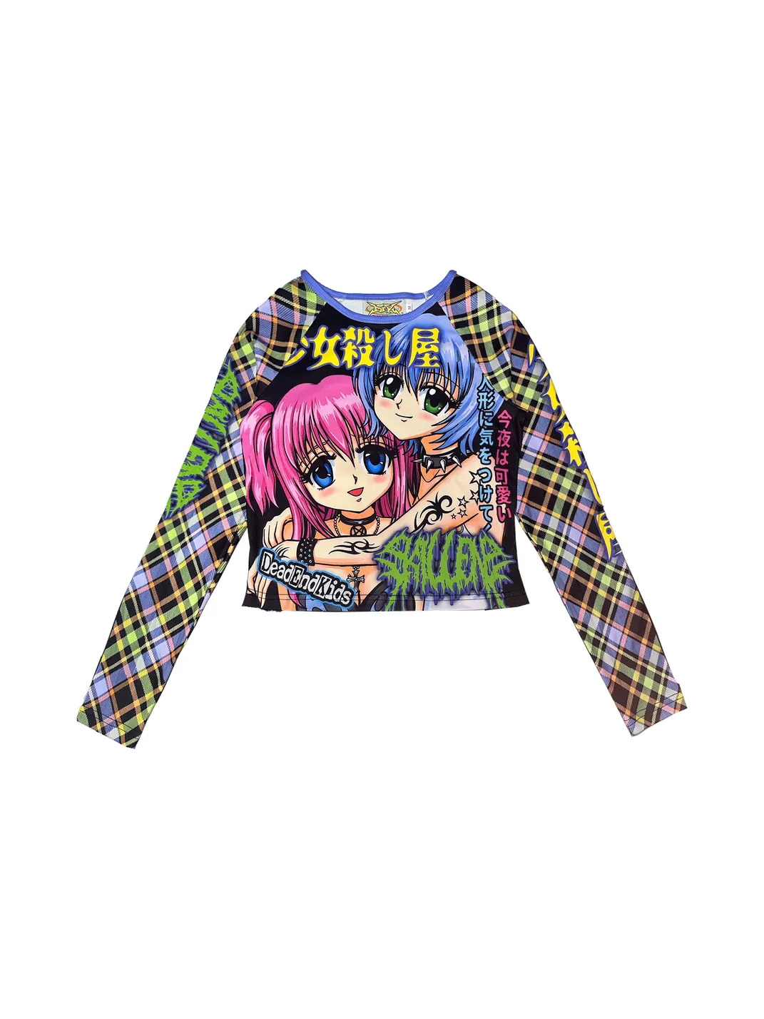 DeadEndKids | Y2K Anime Girl Print Plaid Top