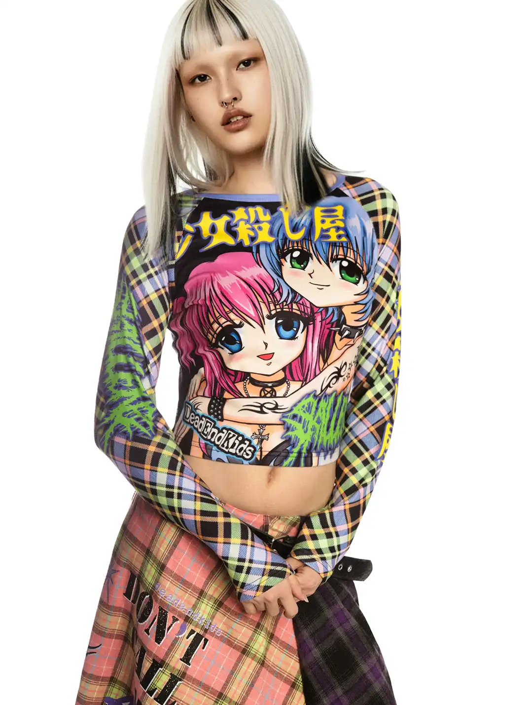 DeadEndKids | Y2K Anime Girl Print Plaid Top