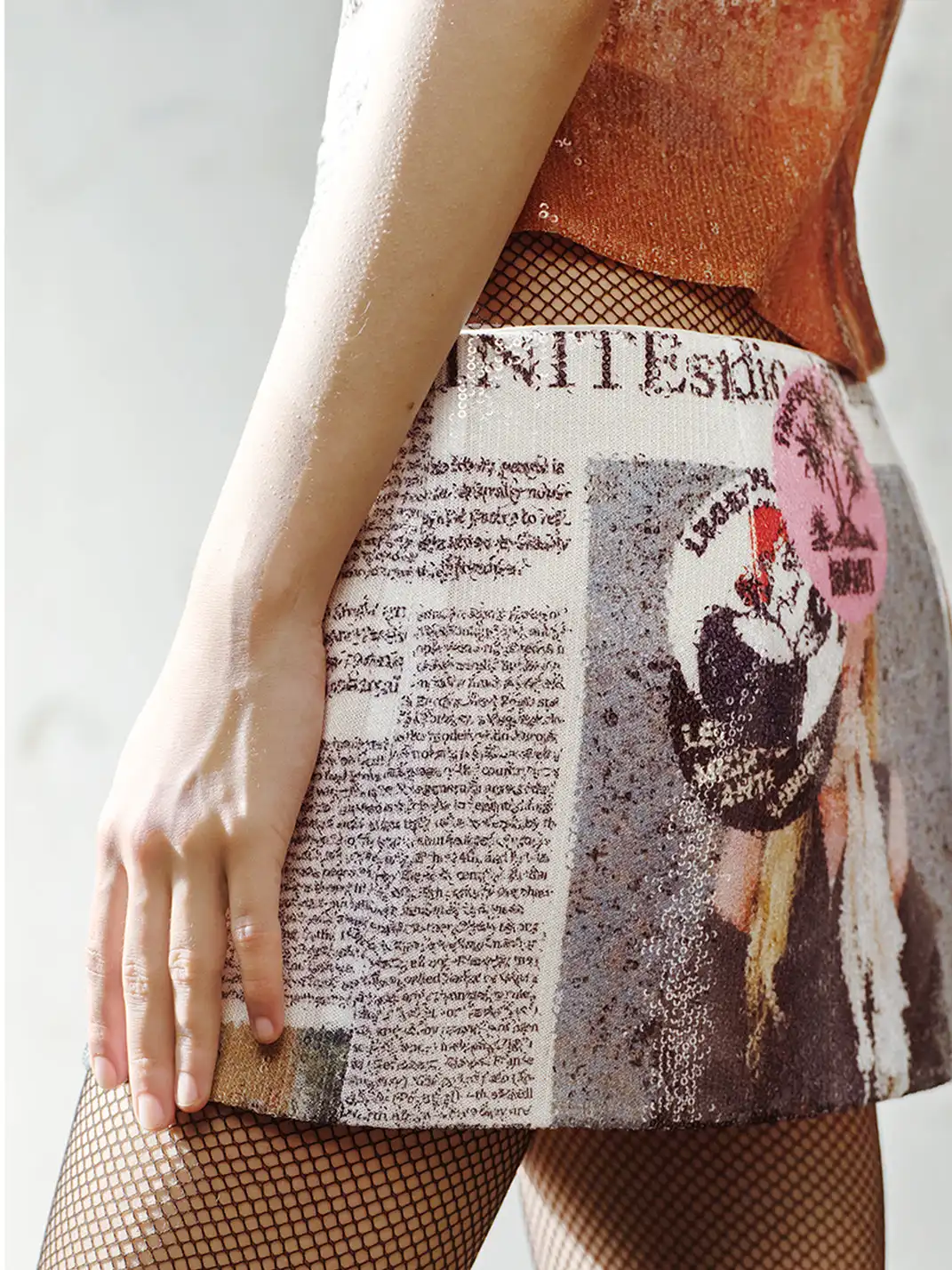 TRINITE | Newspaper & Game Pattern Spliced Print Sequin Mini Skirt