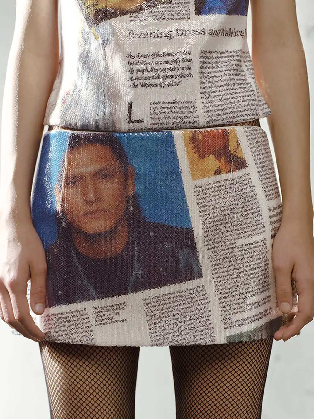TRINITE | Newspaper & Game Pattern Spliced Print Sequin Mini Skirt
