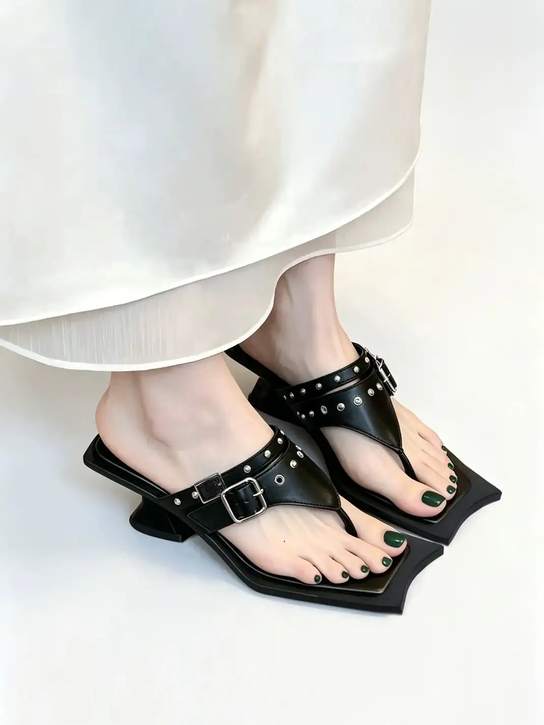 PINJIAHUI | Square Toe Thong High Heels