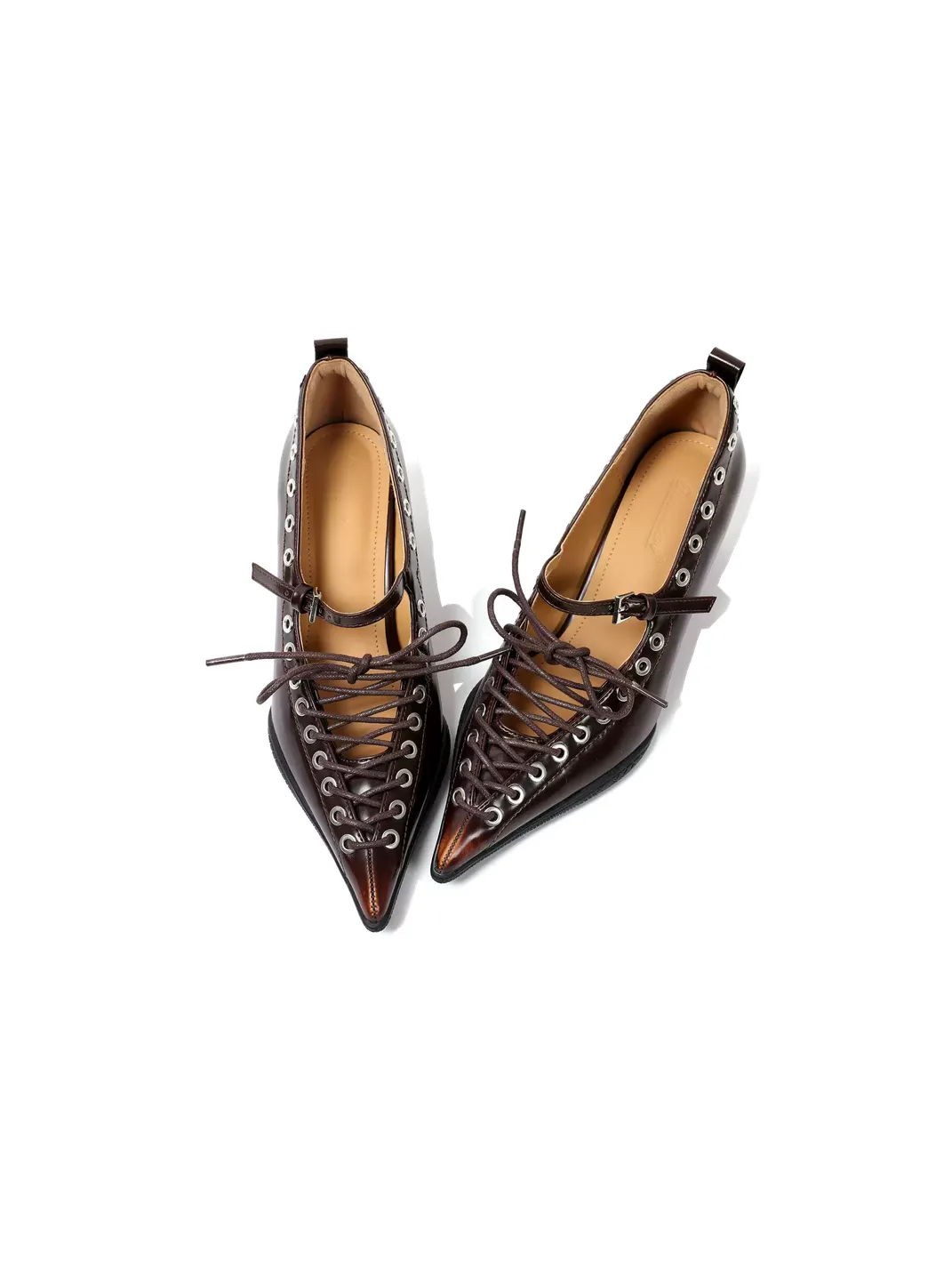 PINJIAHUI | Pointed Toe Lace-Up Low-Cut High Heels-Brown