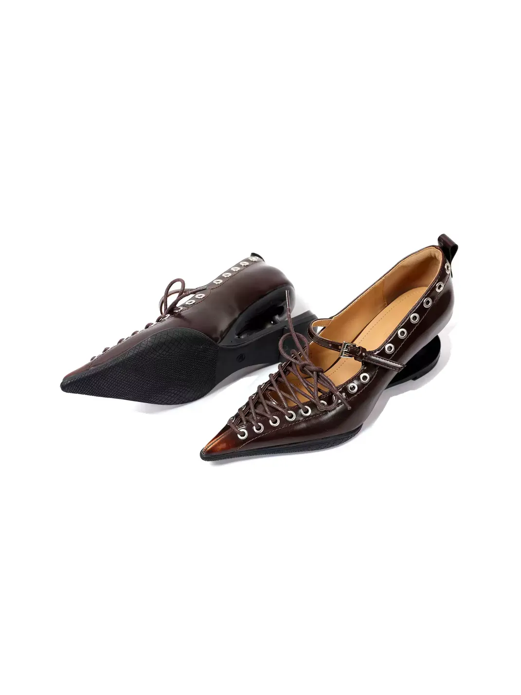 PINJIAHUI | Pointed Toe Lace-Up Low-Cut High Heels-Brown