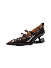 PINJIAHUI | Pointed Toe Lace-Up Low-Cut High Heels-Brown
