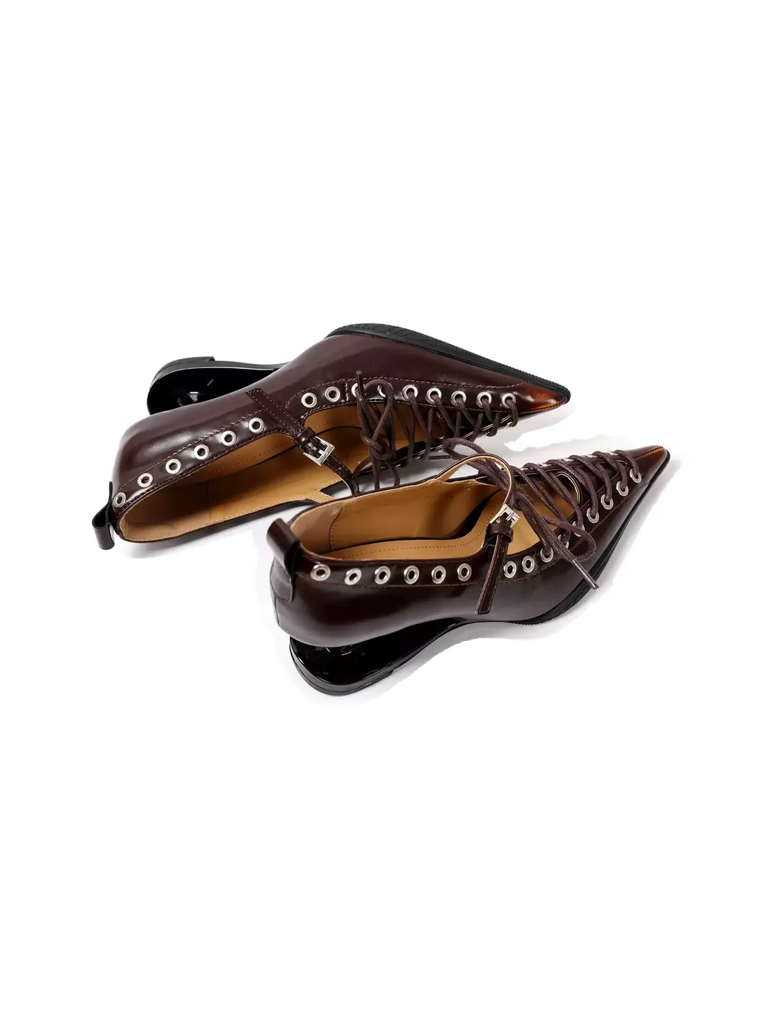 PINJIAHUI | Pointed Toe Lace-Up Low-Cut High Heels-Brown