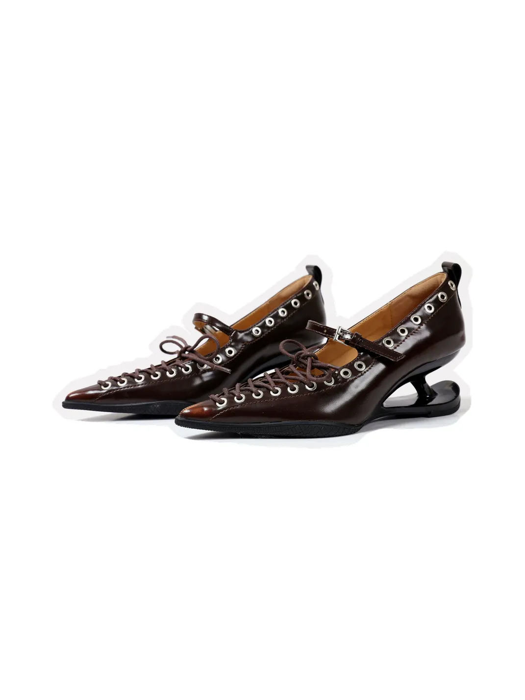 PINJIAHUI | Pointed Toe Lace-Up Low-Cut High Heels-Brown