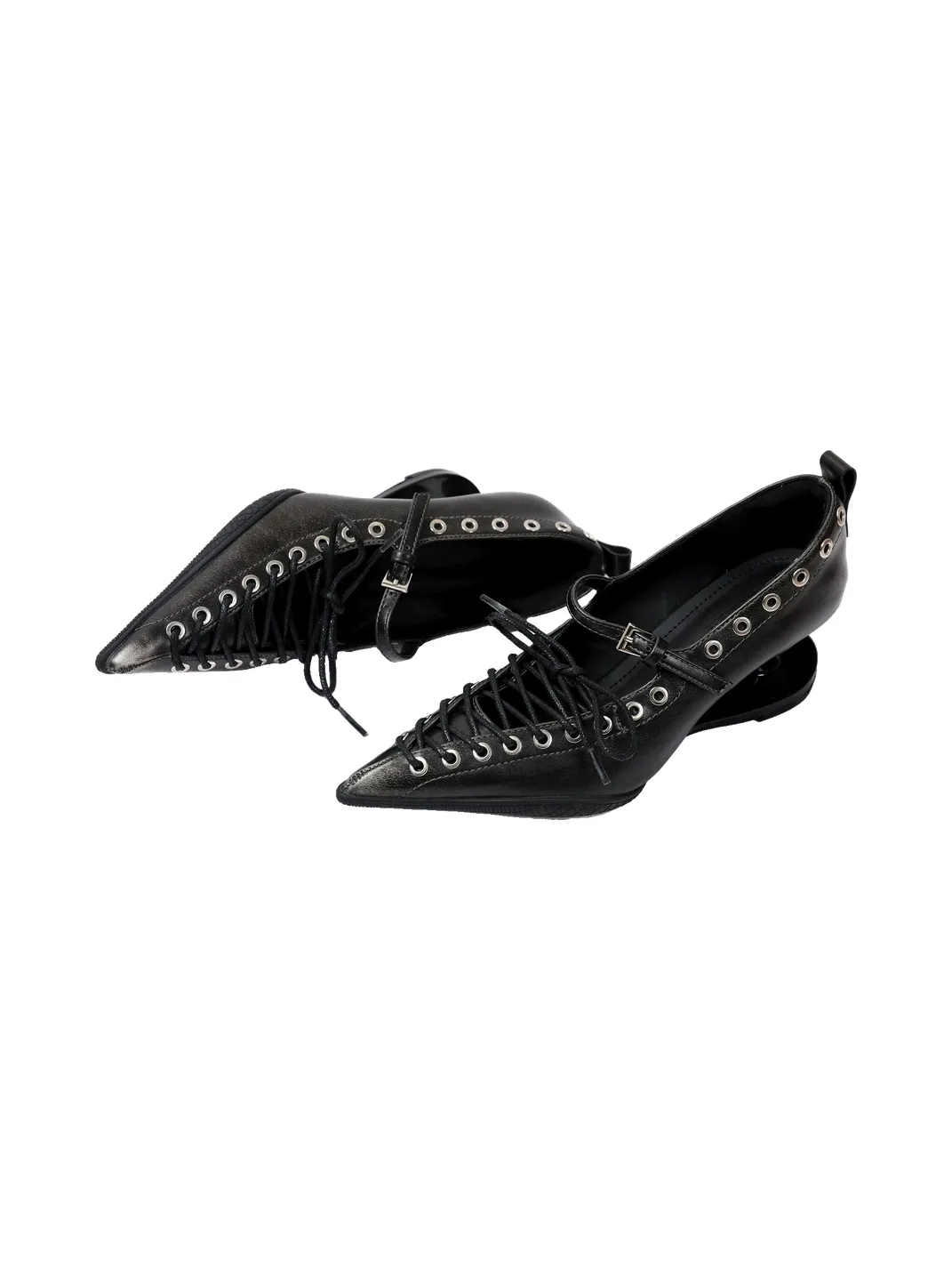 PINJIAHUI | Pointed Toe Lace-Up Low-Cut High Heels-Black