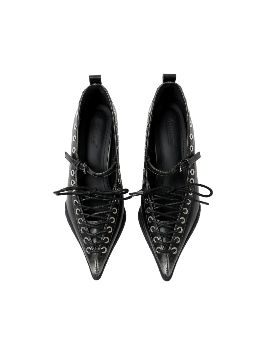 PINJIAHUI | Pointed Toe Lace-Up Low-Cut High Heels-Black - 3
