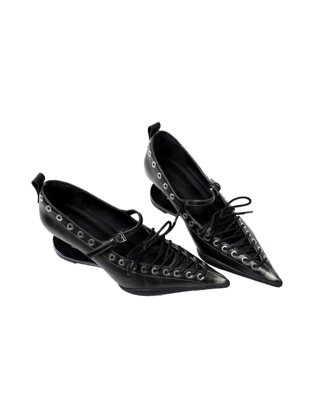 PINJIAHUI | Pointed Toe Lace-Up Low-Cut High Heels-Black