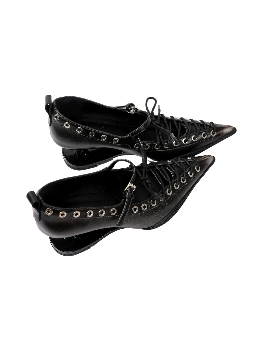 PINJIAHUI | Pointed Toe Lace-Up Low-Cut High Heels-Black